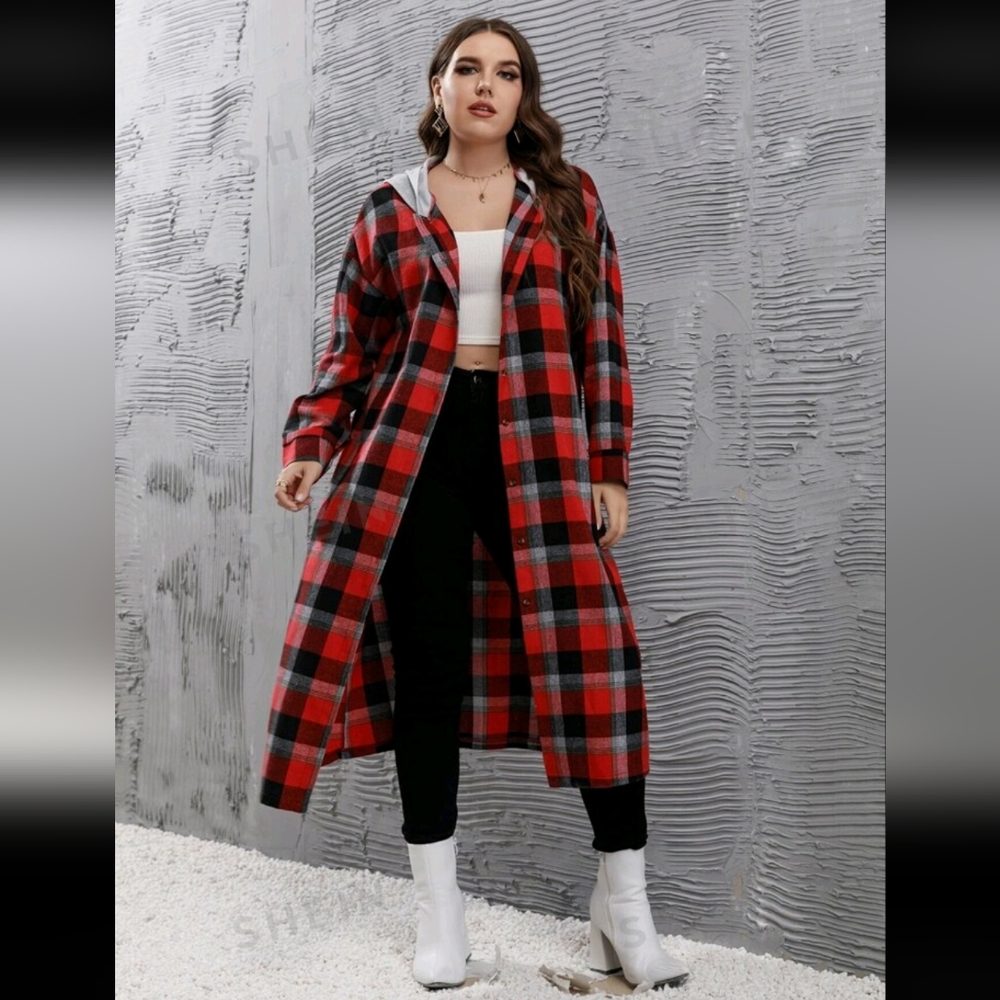 Plaid hoodie longlined Blouse